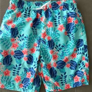 Tropical Kids Swim Trunks - Blue and Pink Floral